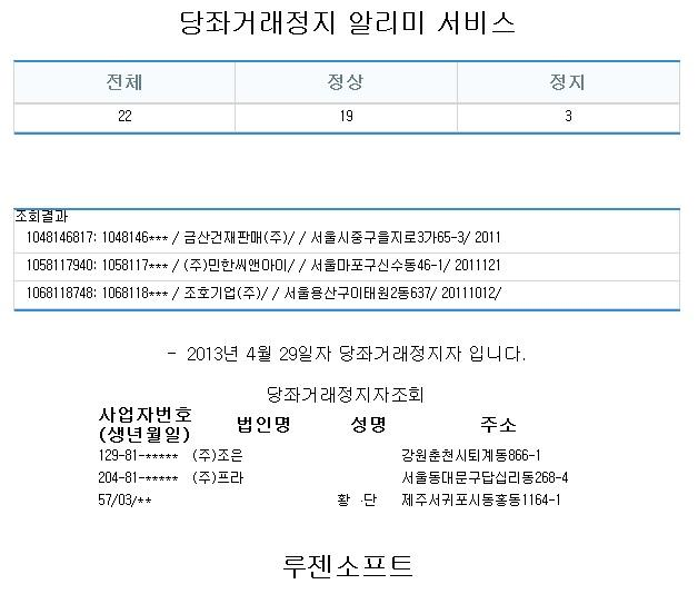 루젠소프트 - 당좌거래정지 알림 서비스 - 이메일 리포팅 예시
